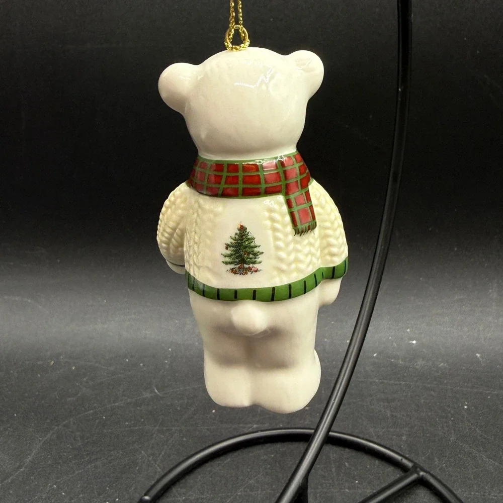 Spode Christmas Tree Polar Bear Ornament Ceramic White Red Green Plaid Scarf‎
